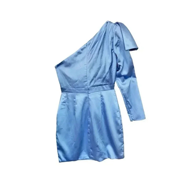 MAC DUGGAL One Shoulder Long Sleeve Satin Cocktail Blue Mini Dress Size 4 - Picture 5 of 9